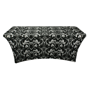 Cheap rectangle black custom 6ft floral printed stretch spandex banquet table cloth factory